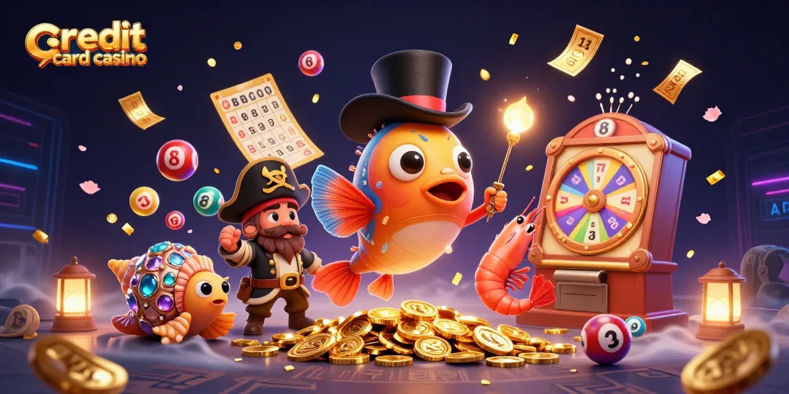 Engage with the excitement of a credit card casino featuring an anglerfish and friends amidst vibrant gambling elements.