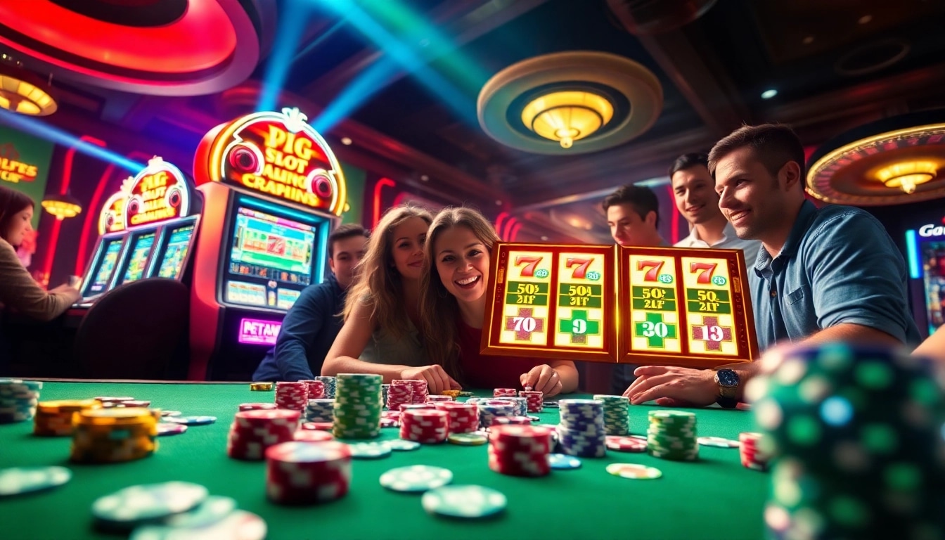 Engaged players enjoy the excitement of PG slot machines in a vibrant casino atmosphere