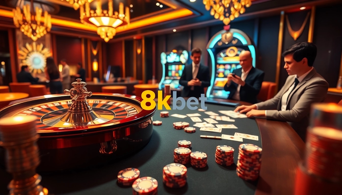 Gamble strategically at 8kbet with vibrant poker chips and lively casino tables.