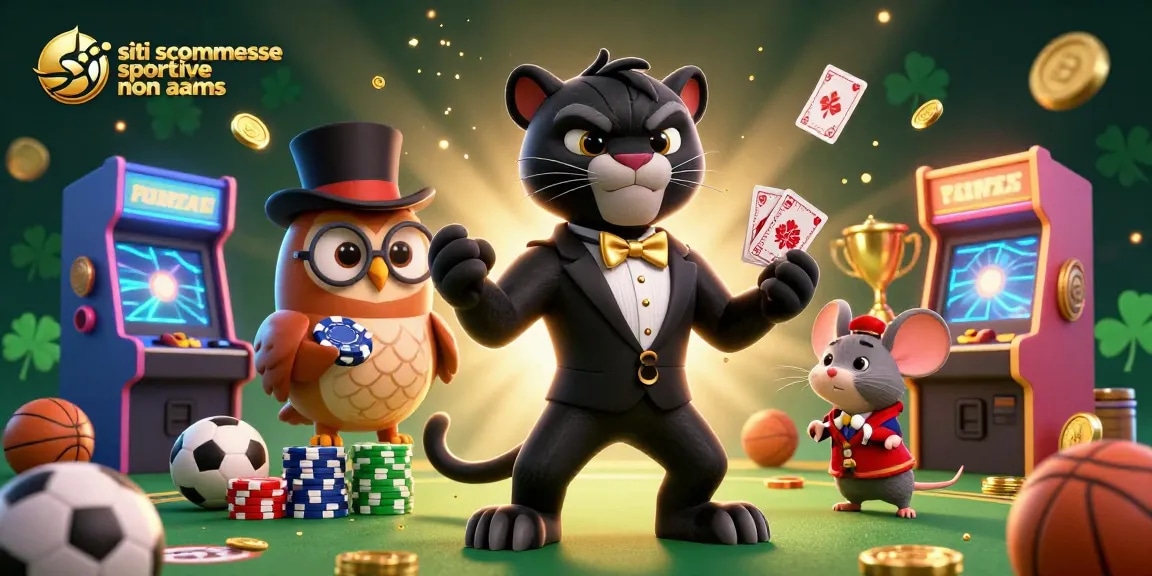 Giocatori di siti scommesse sportive non AAMS si divertono con carte, trofei e palloni in un’illustrazione vivace.