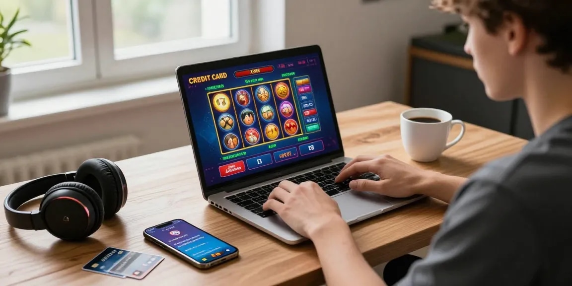 Engaged player exploring credit card casinos on a laptop, showcasing vibrant gaming interface and credit card options.