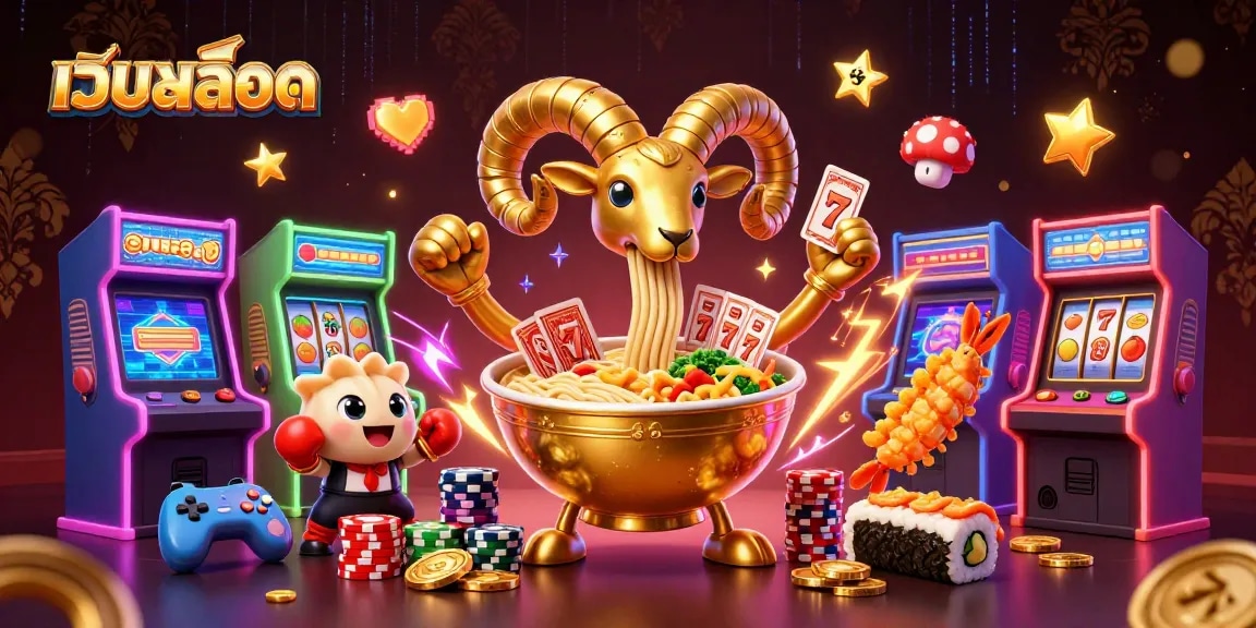 เล่น เว็บสล็อต with a giant ramen bowl dealer, vibrant casino arcade imagery, dynamic gaming atmosphere