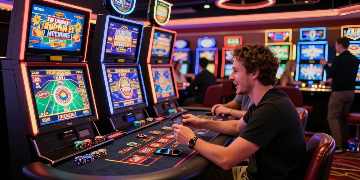 Dynamic casino scene showcasing credit card deposits at scoarch.org.uk with excited players, colorful slot machines, and vibrant gaming atmosphere.
