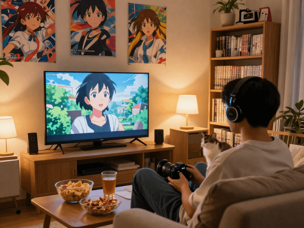 Penggemar anime menikmati streaming di AnimePlay dengan suasana nyaman di rumah.