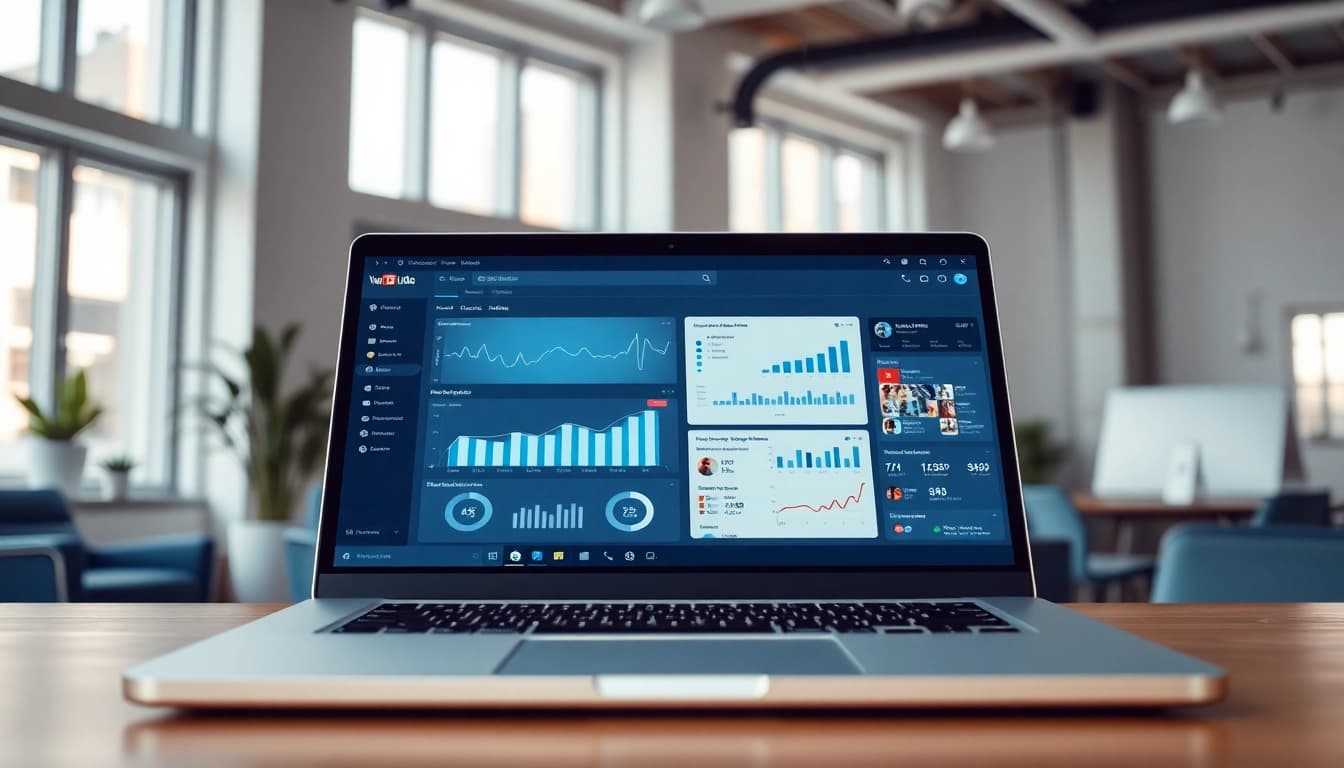 Engage with a professional YouTube SMM panel on a laptop in a modern office.