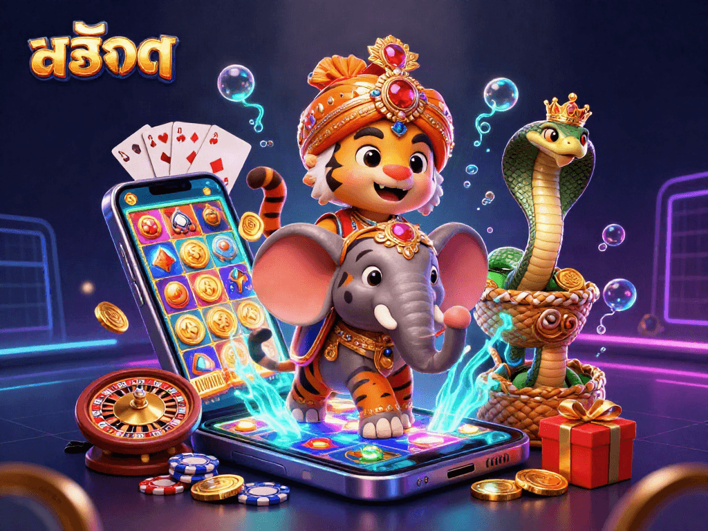 Experience the thrill of สล็อต with lively characters and colorful gaming elements in this vibrant illustration.