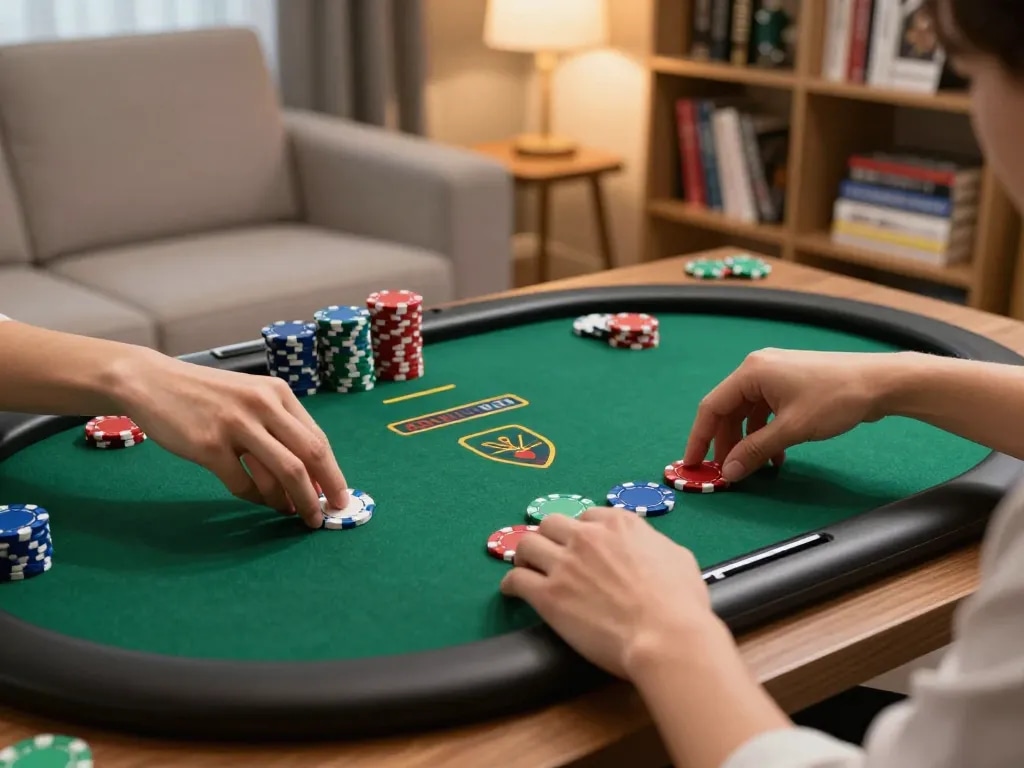 Engaging gameplay on sunwinapk poker table with strategic bets being placed in a cozy setting.