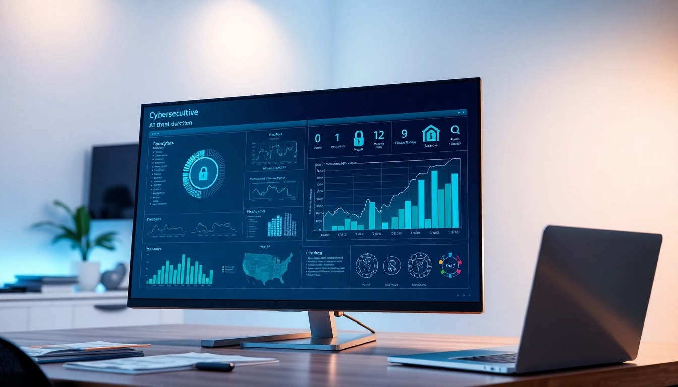 Visual representation of cybersecurity AI threat detection analytics in a modern workspace.