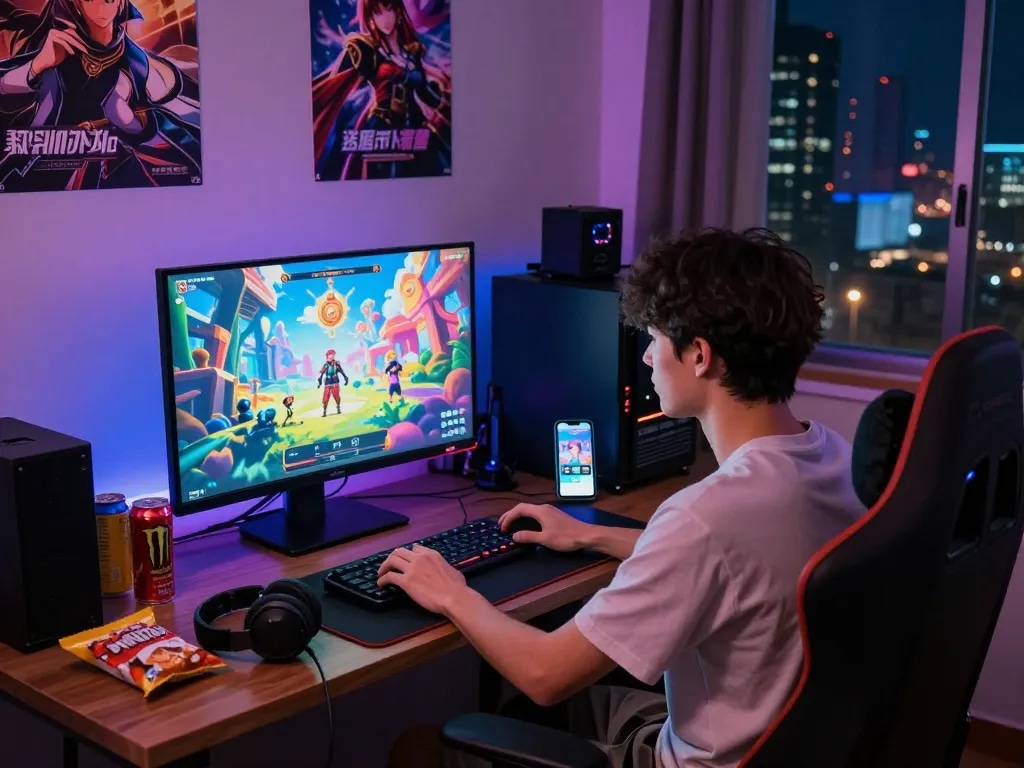 Intensely playing Degrees of Lewdity in a cozy adult gaming room with vibrant animations and ambient lighting.