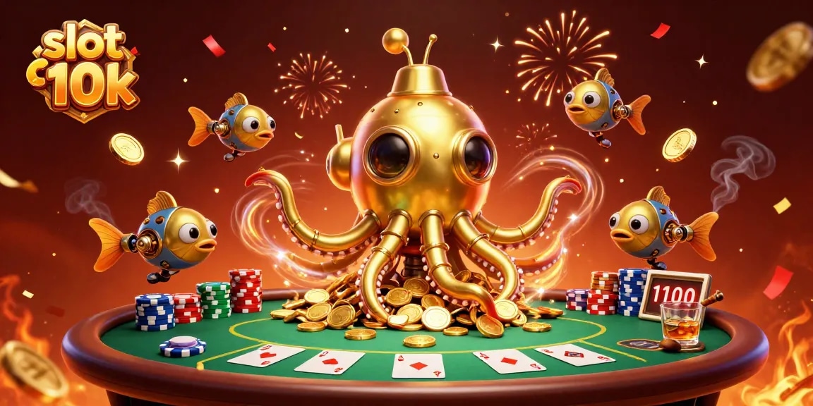 Spin to win on slot gacor 10k with a vivid underwater casino adventure featuring gold coins and poker elements.
