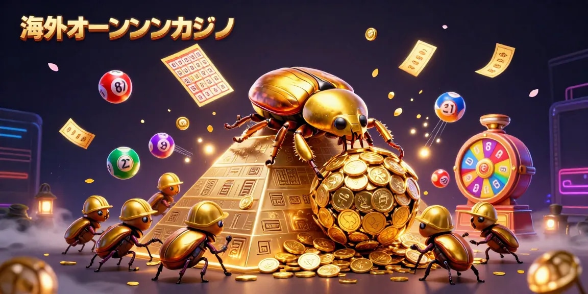 海外オンラインカジノで圧巻のコイン玉を転がす金色ダンゴムシがダイナミックに描かれたイラスト