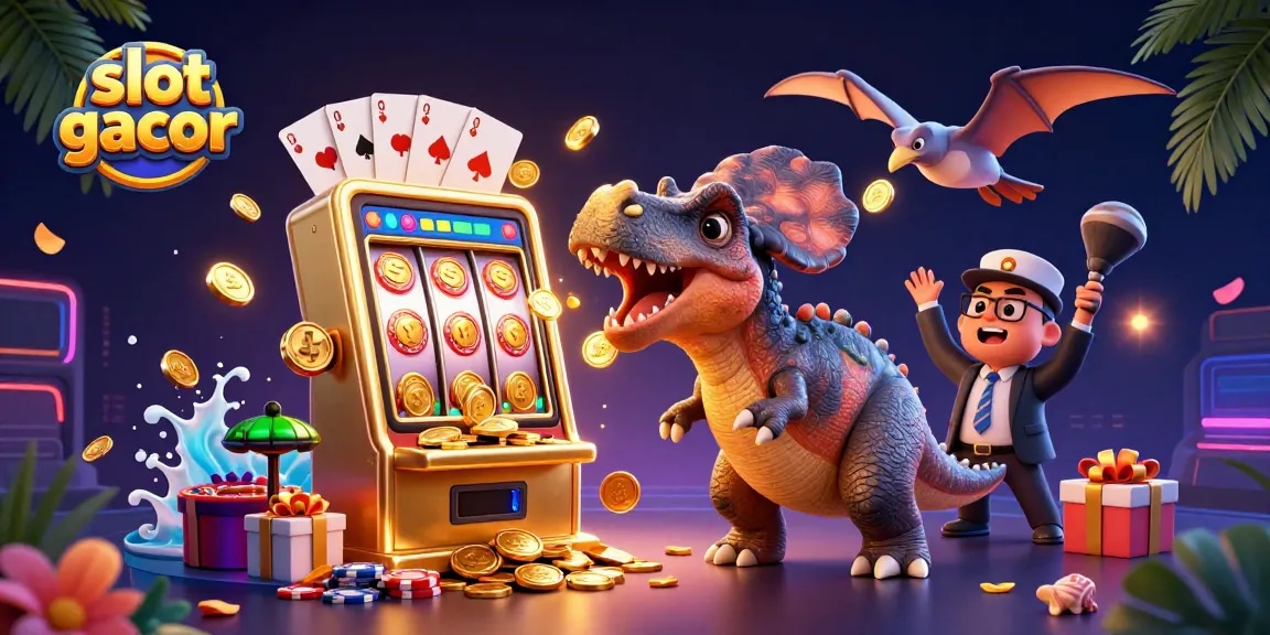 Experience slot gacor excitement with a playful dinosaur winning jackpots and golden coins!