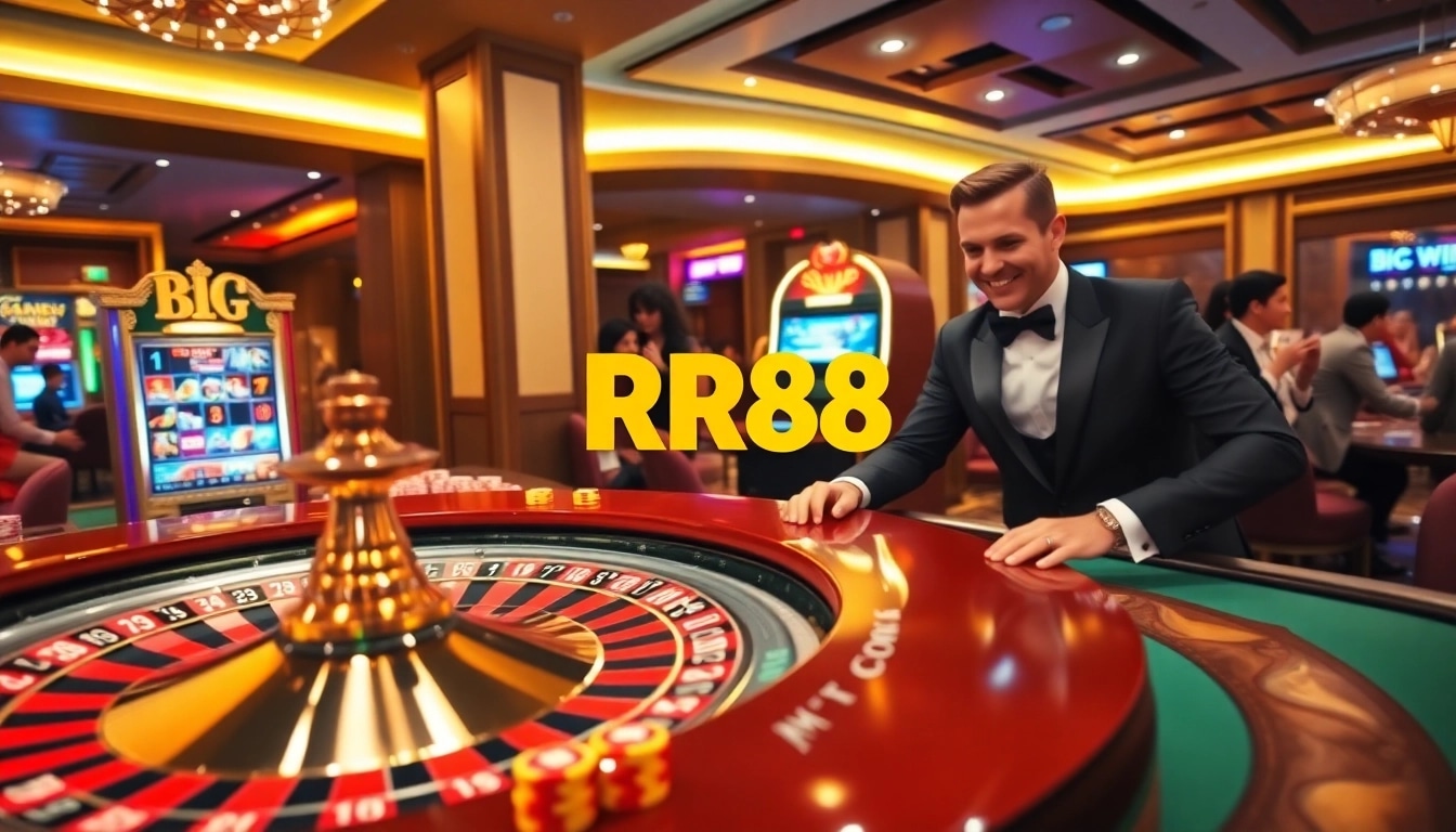 RR88 players engaging with live casino tables and colorful slot machines.