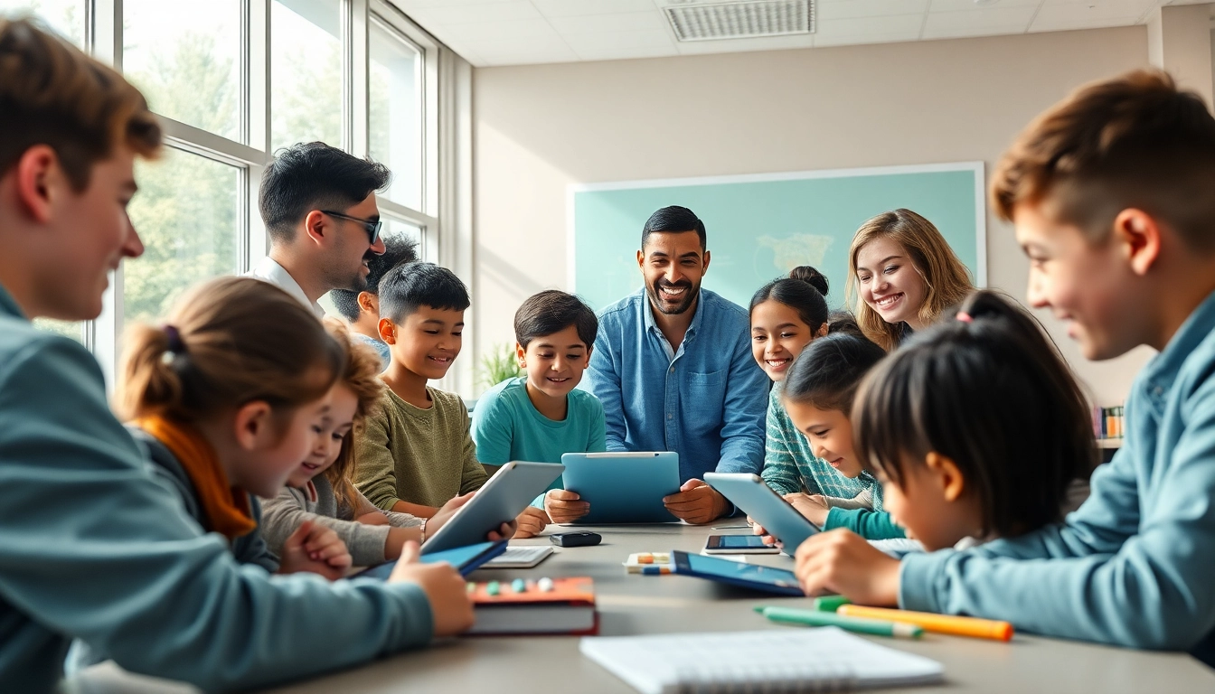 Dynamic classroom scene showcasing innovative education through collaboration and technology.