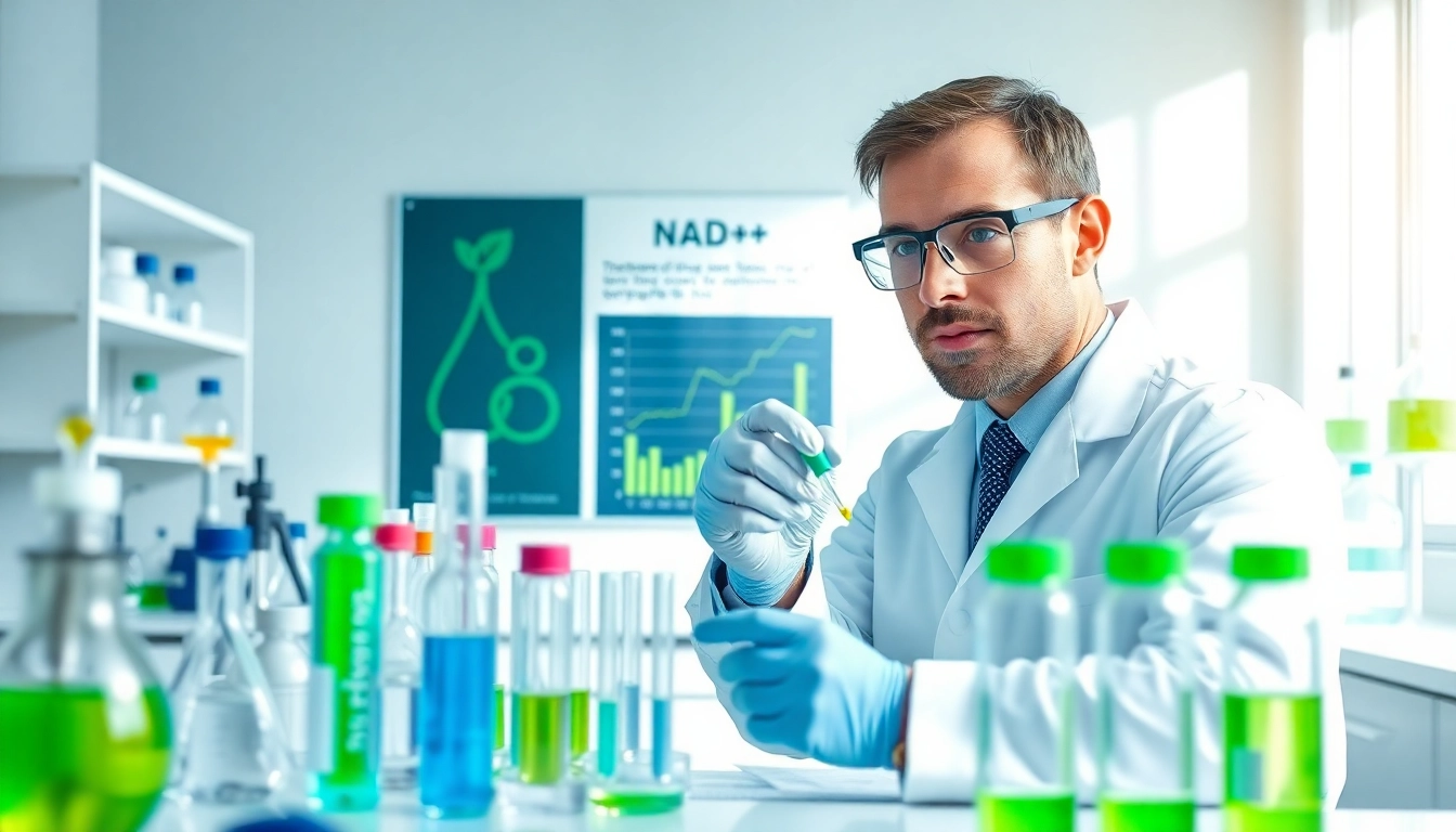 NAD+ analysis in a modern laboratory environment emphasizing health and cellular benefits.