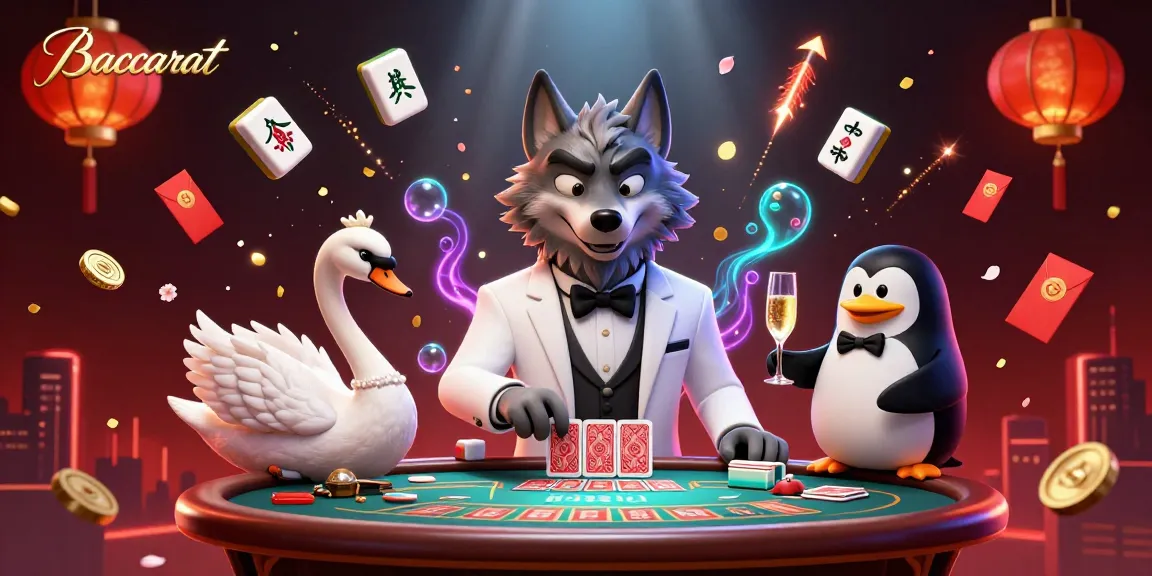 Baccarat scene with animated characters playing casino cards and presenting champagne, symbolizing strategic gambling.