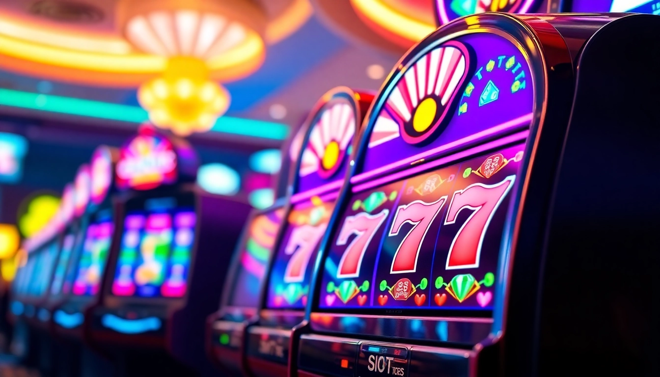 Permainan slot 777 dengan mesin slot berwarna cerah dan suasana kasino yang menggembirakan.