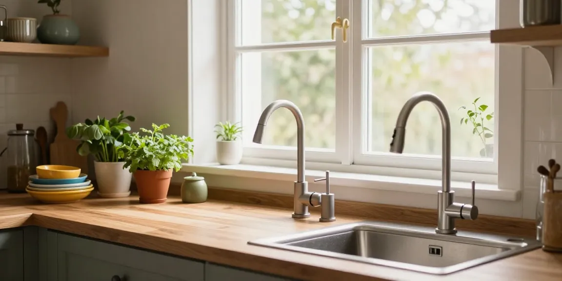 Stylish kitchen faucets arranged with herbs and accessories in a bright modern kitchen.