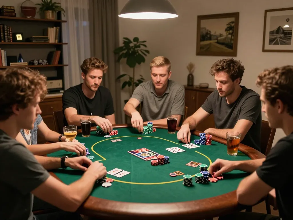 Players enjoy a competitive home poker night, engaging in strategy while celebrating wins at XX88.