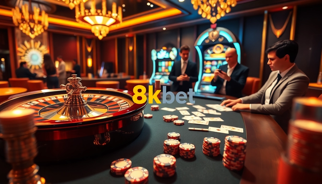 Gamble strategically at 8kbet with vibrant poker chips and lively casino tables.