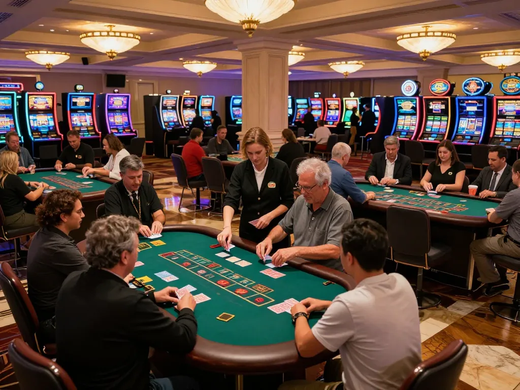 Playing at top quality widgets blackjack table with dealers and vibrant casino lights.