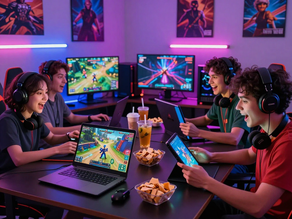 Players enjoying diverse adult games on various devices in a lively gaming environment.