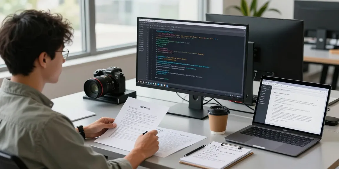 Detect PDF fraud in a tech workspace with an engineer coding AI solutions for document verification.