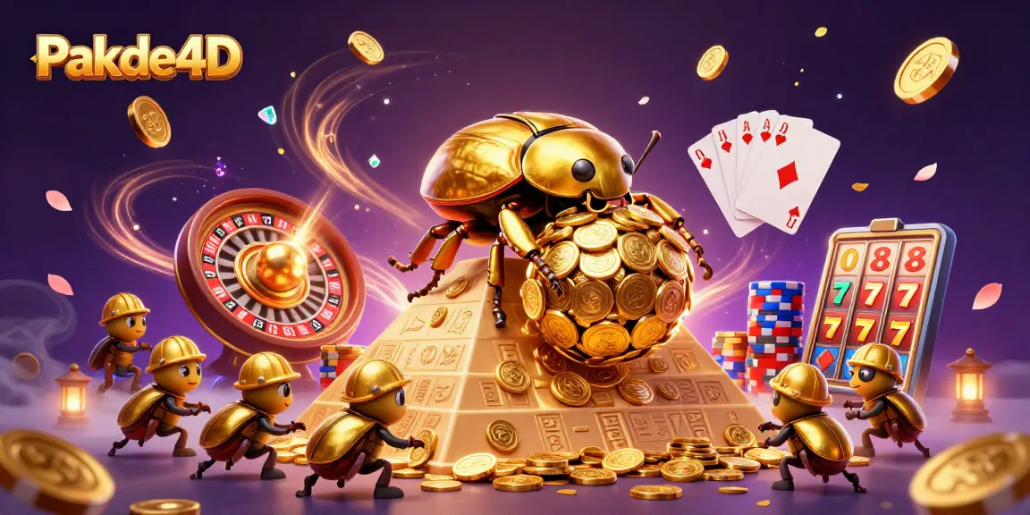 Experience thrilling gameplay with Pakde4D, showcasing golden beetles rolling coins and vibrant casino symbols.