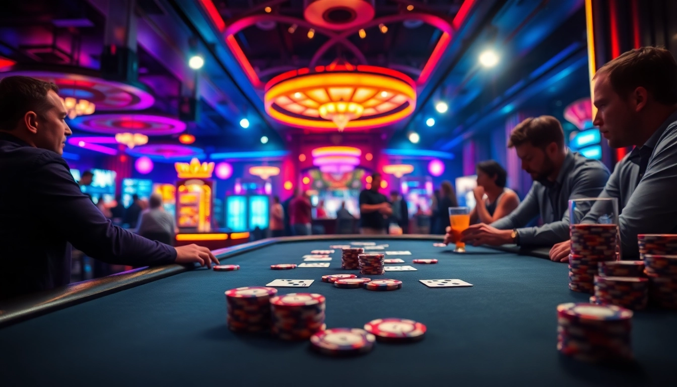 Menyaksikan dewalive alternatif di meja poker dengan suasana kasino yang meriah dan berenergi.