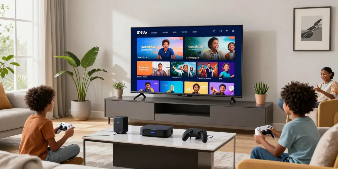 Family enjoying IPTV American service on a smart TV in a cozy living room.