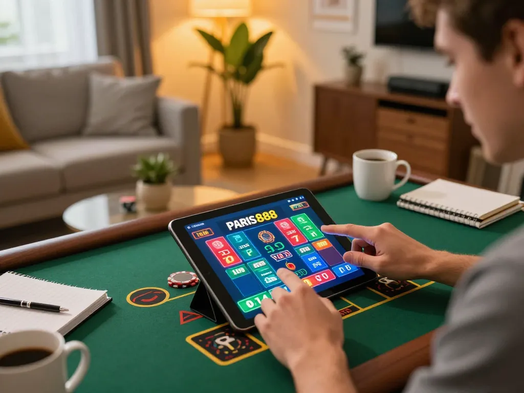 Engaged player using paris888 app for online gaming strategies at home, showcasing excitement and convenience.