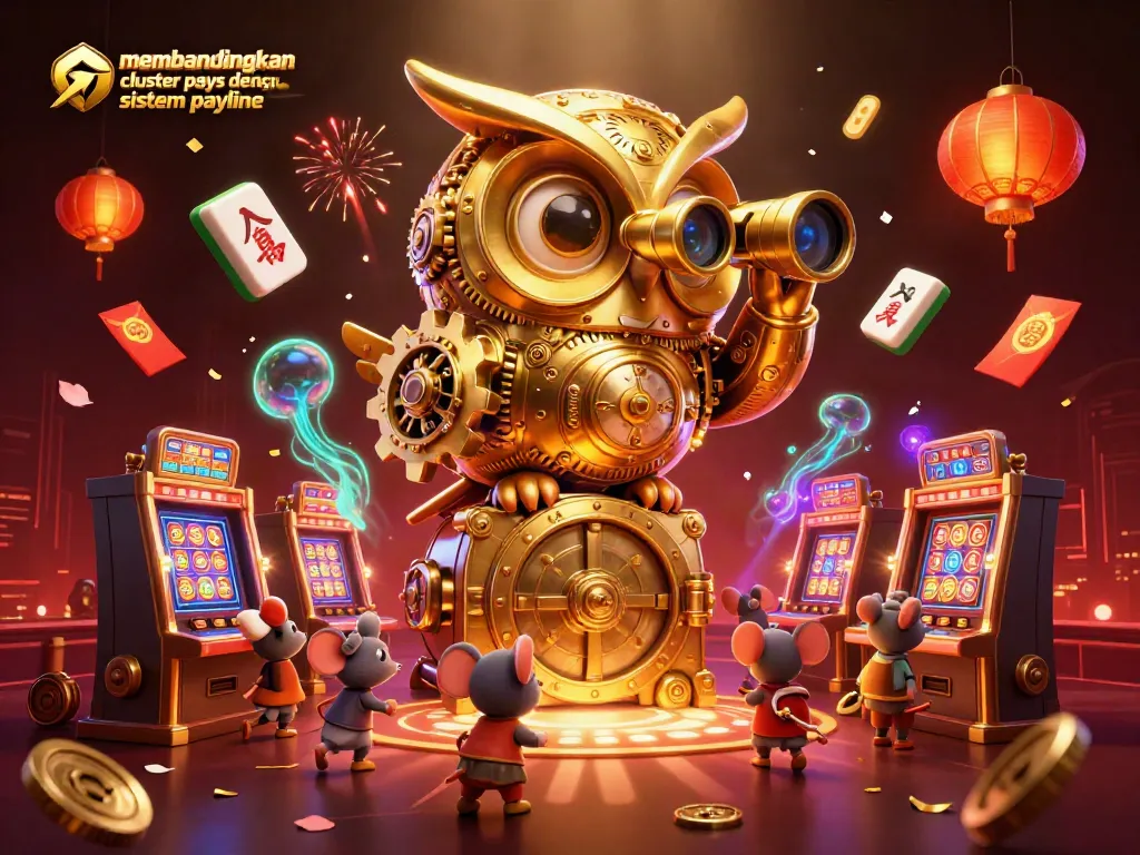 Melihat perbandingan cluster pays dengan sistem payline melalui ilustrasi slot yang meriah dan penuh warna.