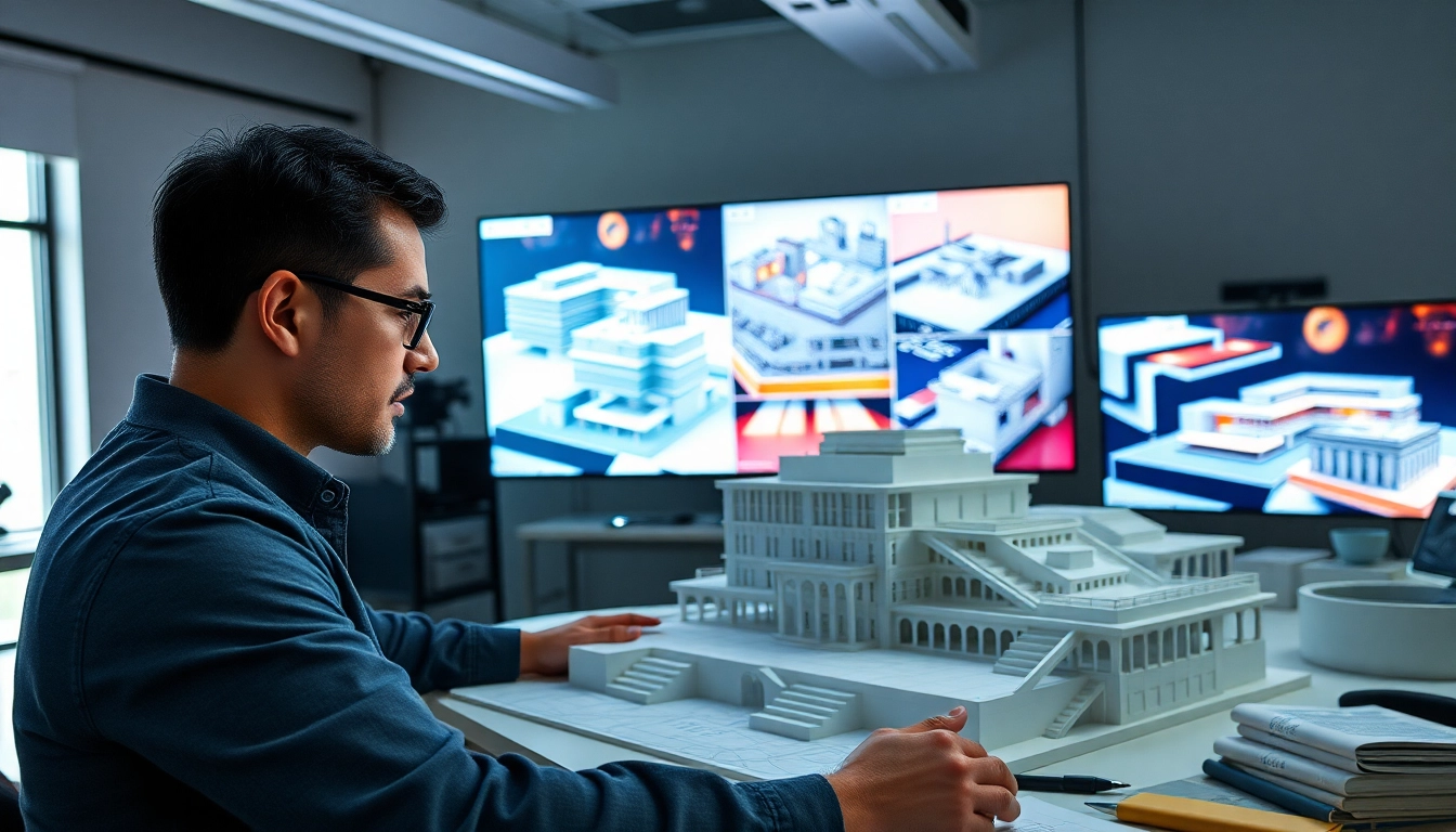3D Visualisierung erstellen: Ein Künstler in einem modernen Studio beschäftigt sich mit 3D-Modellen.