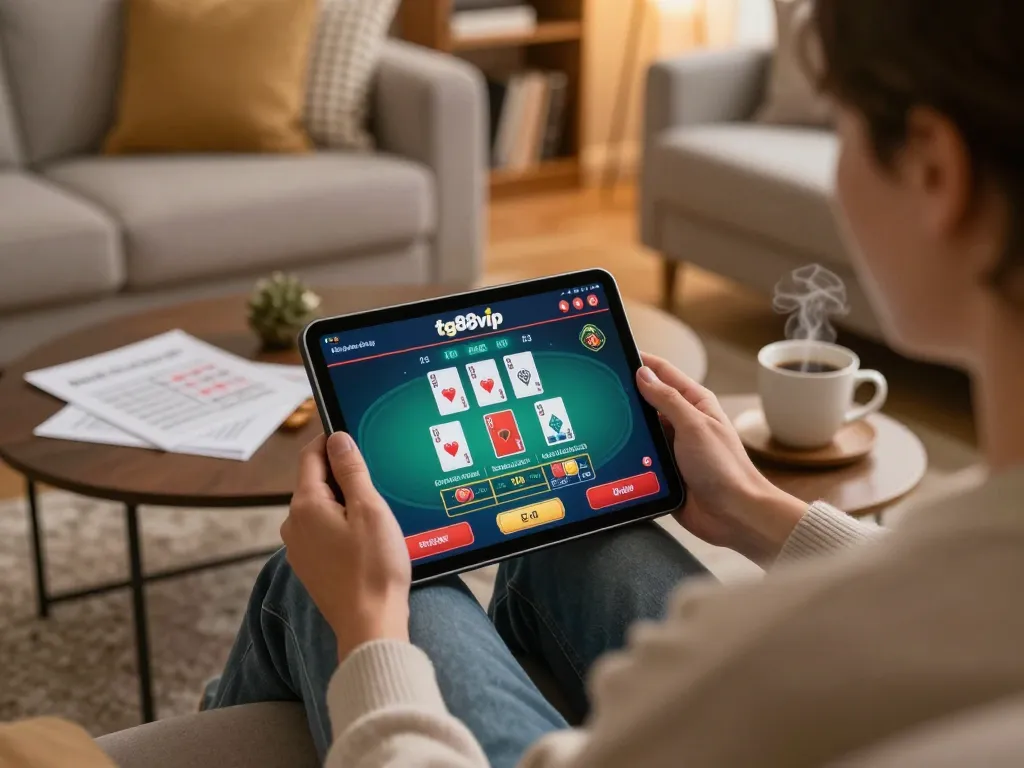 Enjoying tg88 vip gaming experience on a tablet in a cozy home setup