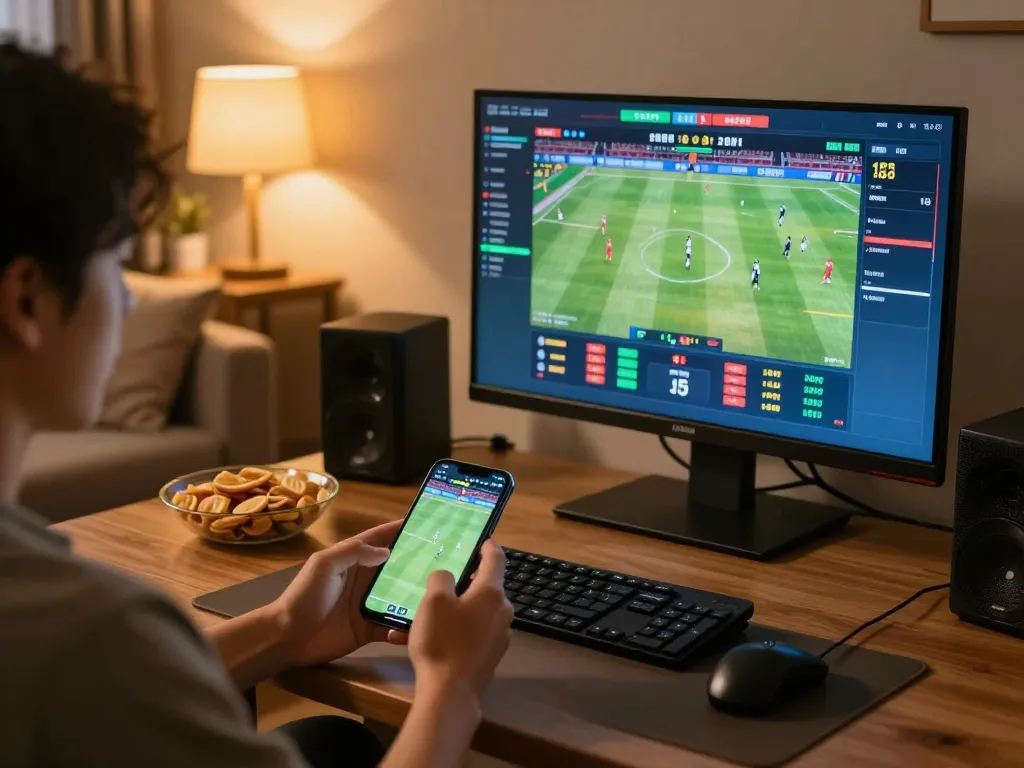 Betting on sports using https://nddo.org at home with a smartphone and multiple screens.