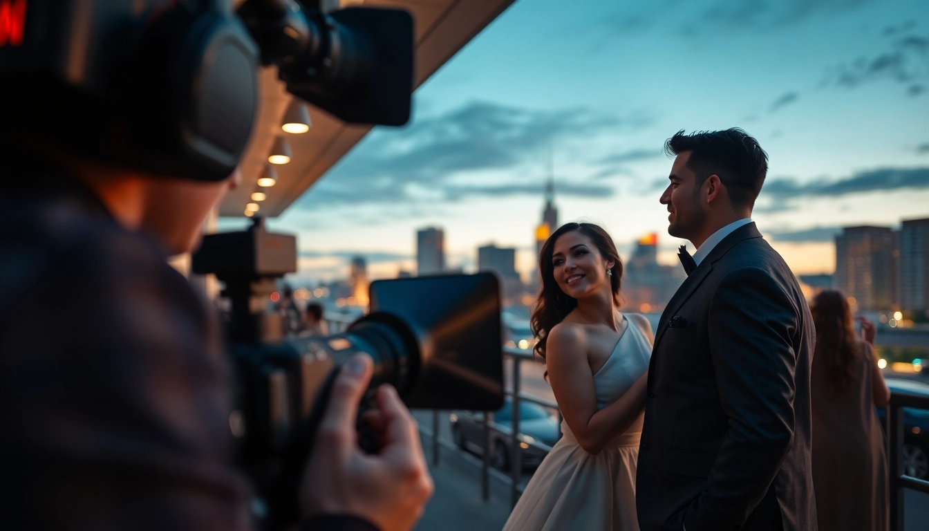 Exciting scene of an edmonton videographer filming a couple in a vibrant cityscape.