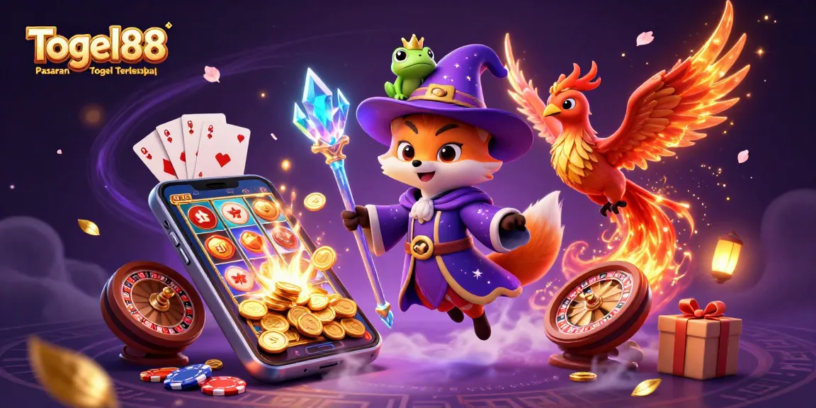Togel88 Pasaran Toto Togel Terlengkap brings excitement with a magical illustration of a wizard fox and phoenix amidst vibrant casino elements.