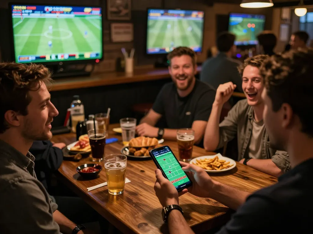 Soi keo nha cai during a sports betting night, showcasing enthusiastic bettors engaging with live matches on screens.