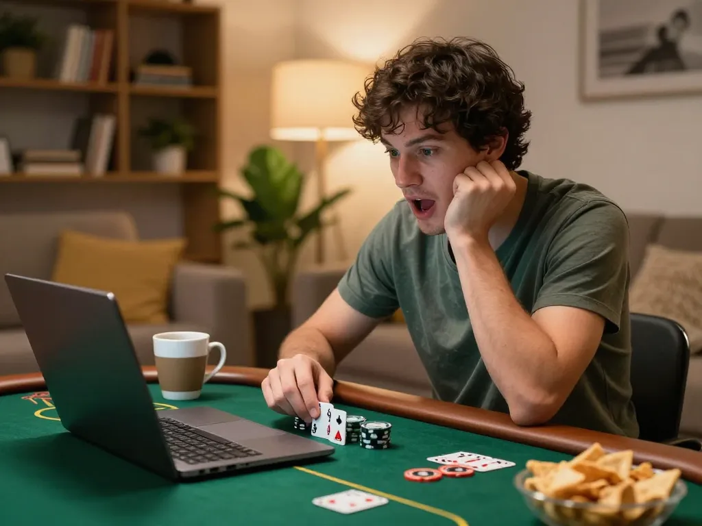 Player enjoying intense online poker at home on laptop with u888 interface lit up