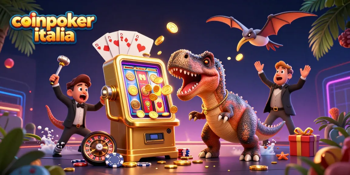 CoinPoker Italia: un'illustrazione 3D di un pachicefalosauro e un manager mentre gestiscono il casinò e ricevono monete d'oro