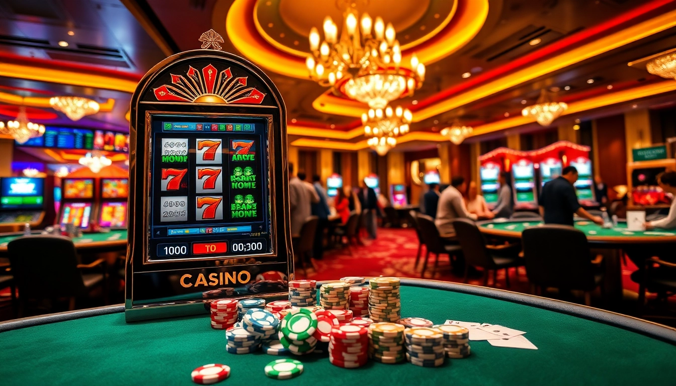 Rasakan kegembiraan slot depo pulsa di kasino mewah dengan mesin slot yang berwarna-warni dan pemain yang gembira.