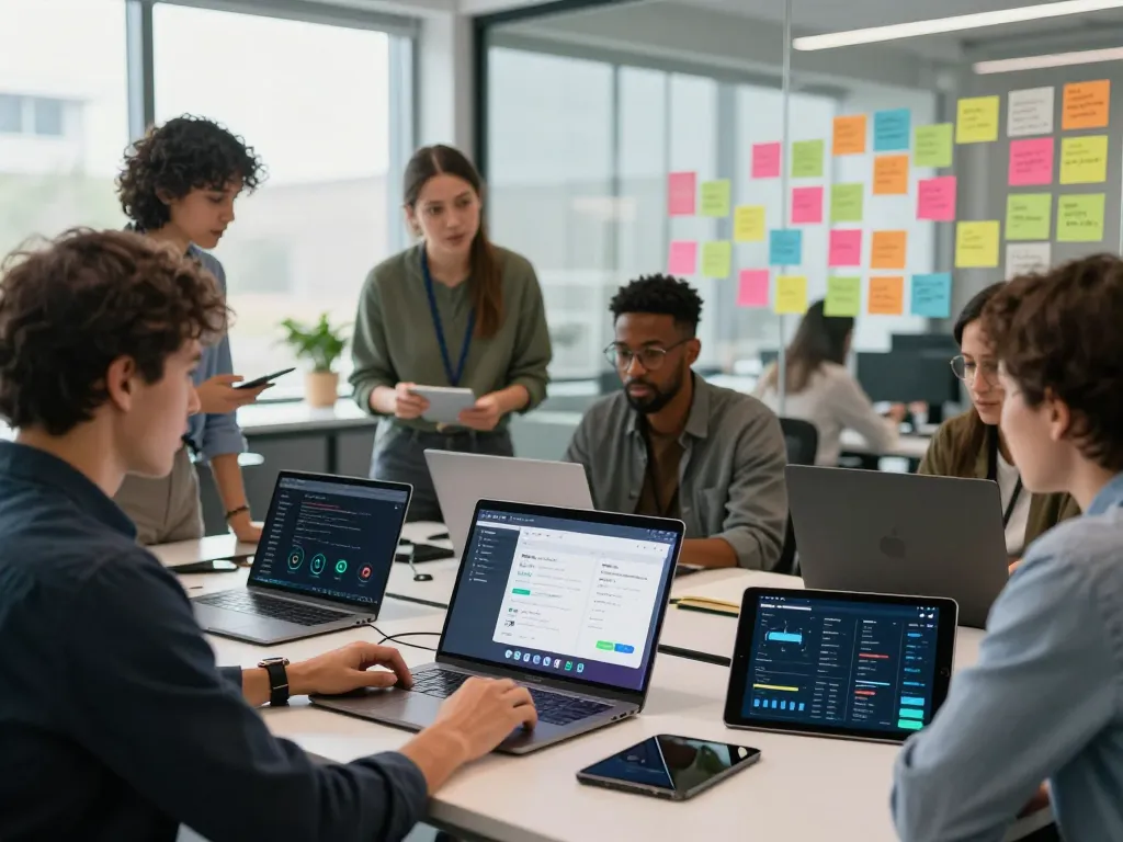 快连 professionals collaborating in a modern tech workspace, showing network optimization and teamwork.
