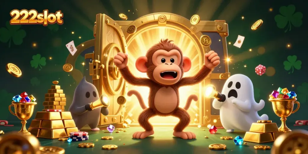 Game slot penuh keajaiban dengan 222slot, hantu dan koin bersinar melayang di kasino berhantu.