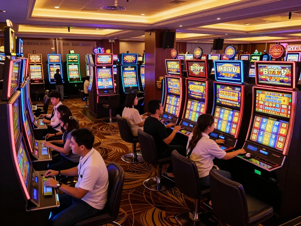 Engaged players enjoying slot gacor 777 at vibrant casino slot machines showcasing excitement and fun.