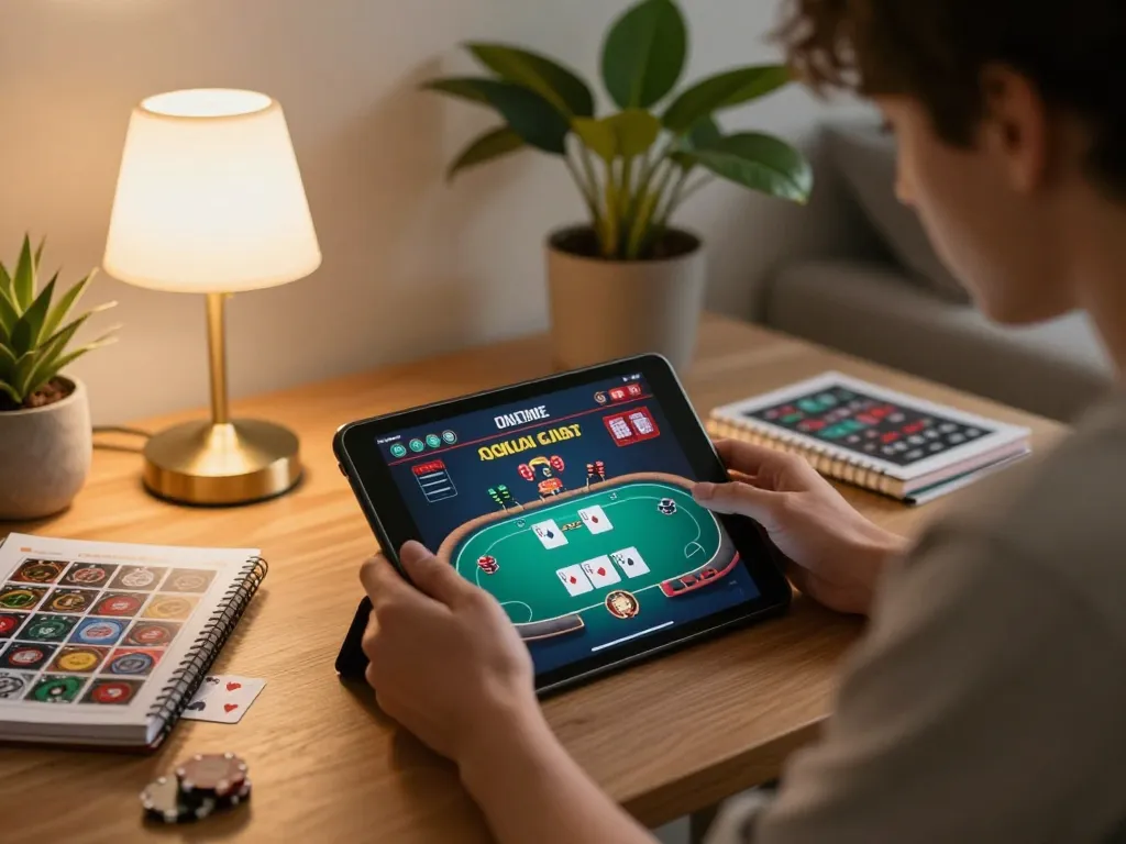 Engaging scene showing the link vào shbet during intense poker gameplay on a tablet at home.