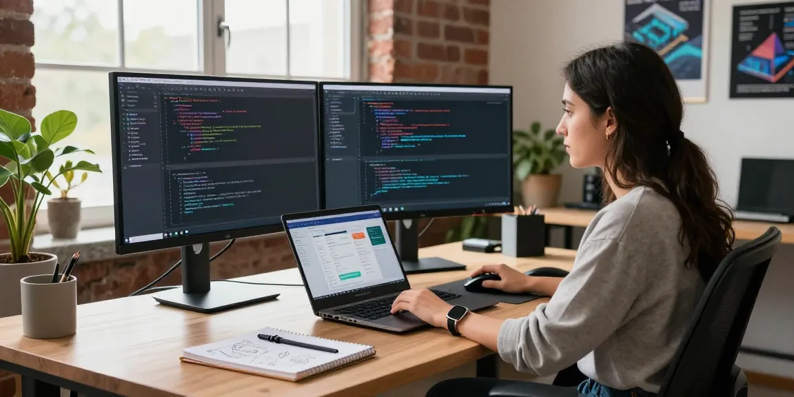 Developer coding on dual monitors in a vibrant workspace showcasing crushon technology and productivity.