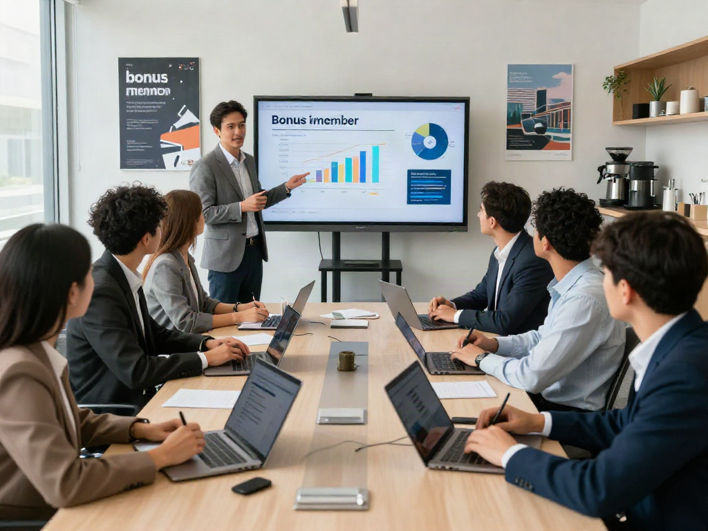 Engaged team discussing bonus new member program in modern conference room with digital displays.