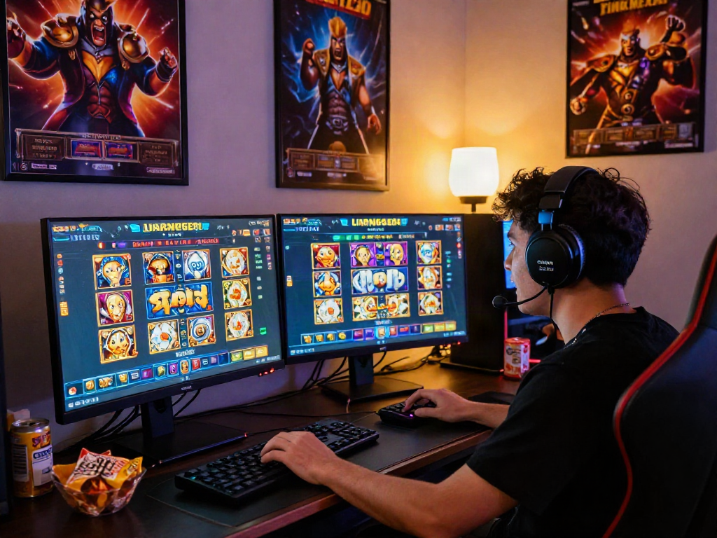 Player enjoying slot server luar negeri games in a vibrant gaming setup with monitors and exciting visuals.