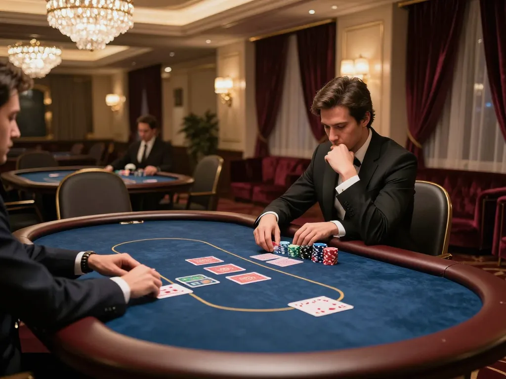 Strategic high-stakes poker gameplay at nhà cái 388bet in an elegant VIP casino atmosphere.