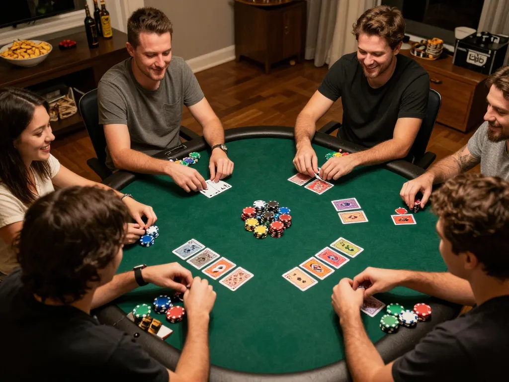 Players enjoying poker night at home, highlighting agenslot188's social and strategic dimensions of gambling.